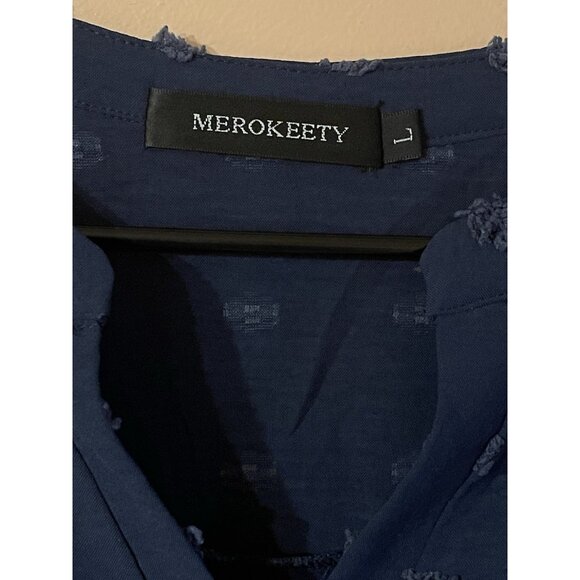 Merokeety Womens Blouse Navy Swiss Pom Pom Dot Short Sleeve Tunic Top Size L - Picture 3 of 13